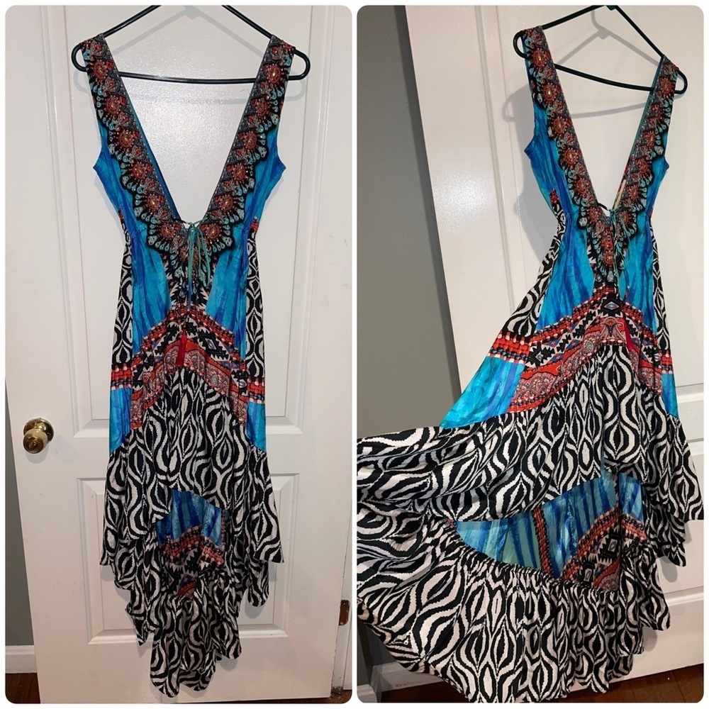 La Moda True Colours Halter 3-Way Maxi Printed Beaded Resort Dress 💙 S/M - Picture 2 of 12